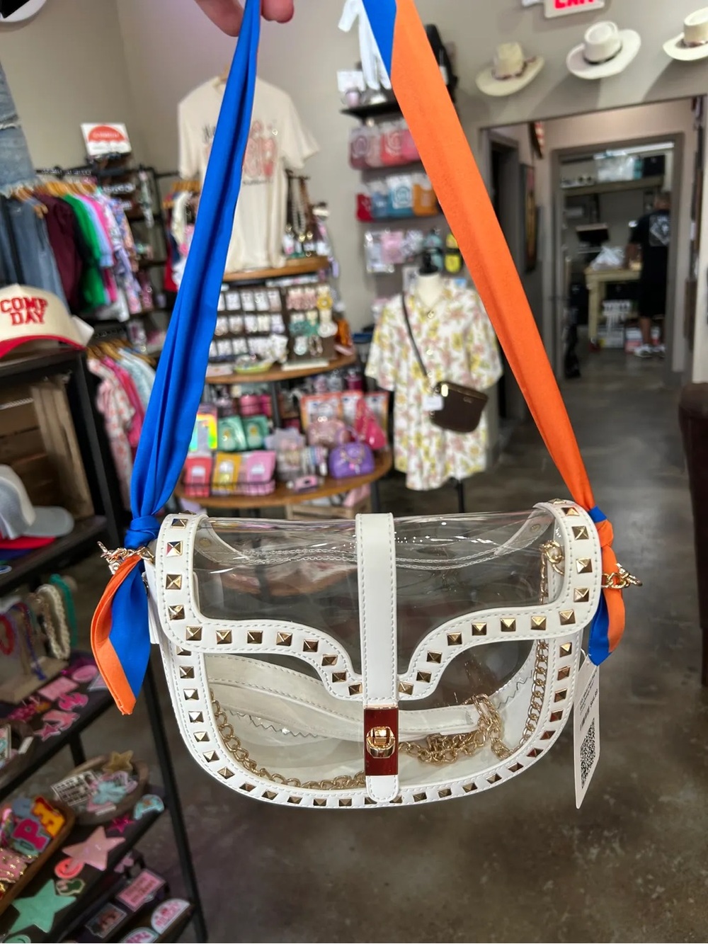 Clear White Studded Crossbody Bag with Orange & Blue Scarf Strap